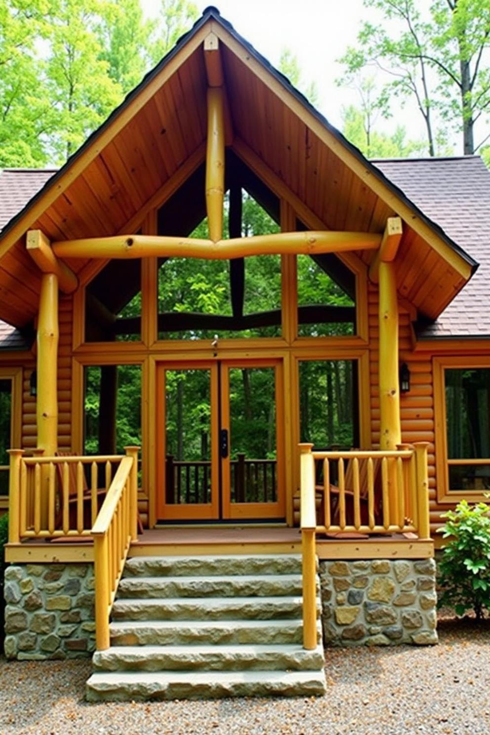 Rustic log cabin entrance with stone steps