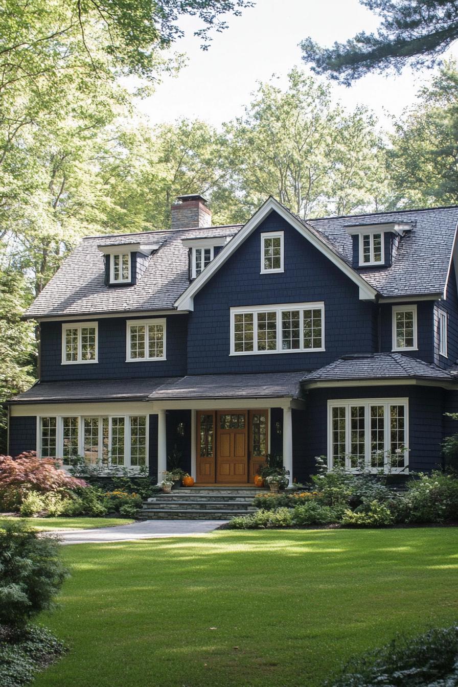 Charming dark blue house with lush green lawn and inviting porch