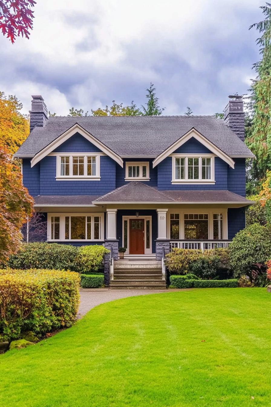 Two-story navy blue suburban house with a large porch and neatly manicured lawn