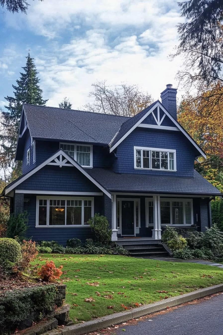 Charming blue house with steep gable roof and lush greenery