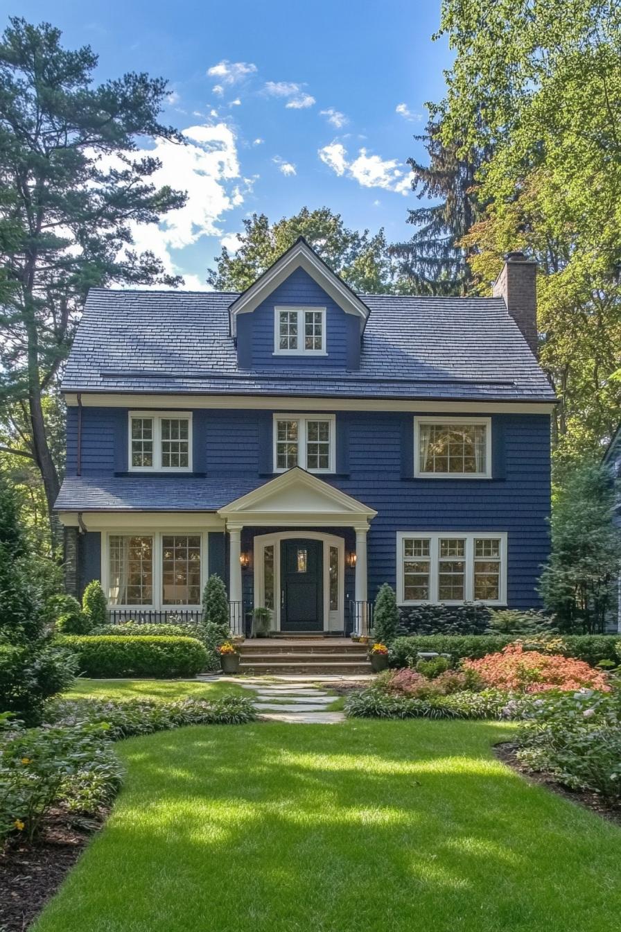 Blue house with a welcoming path and lush garden