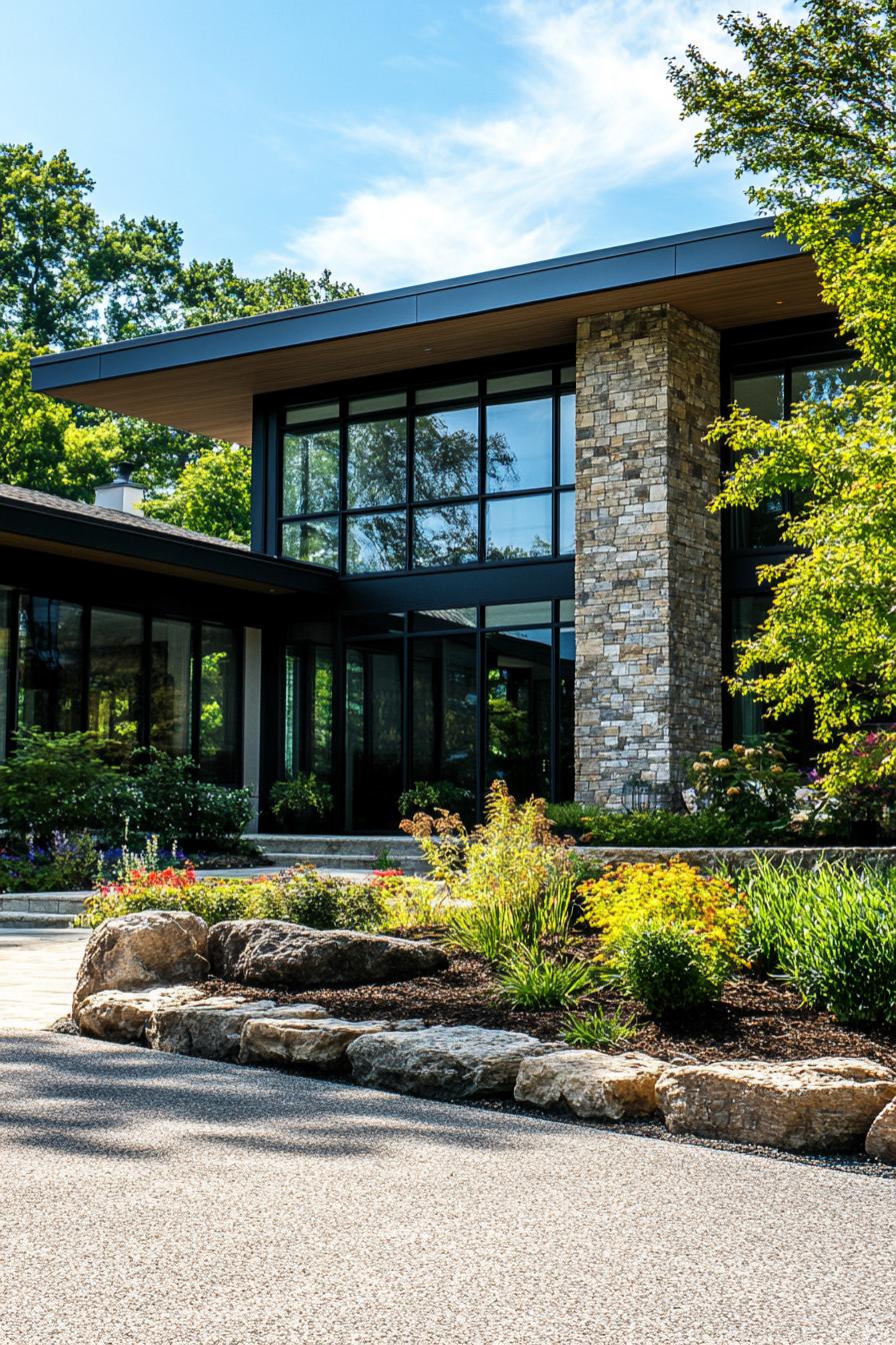 Luxurious modern house with glass and stone facade