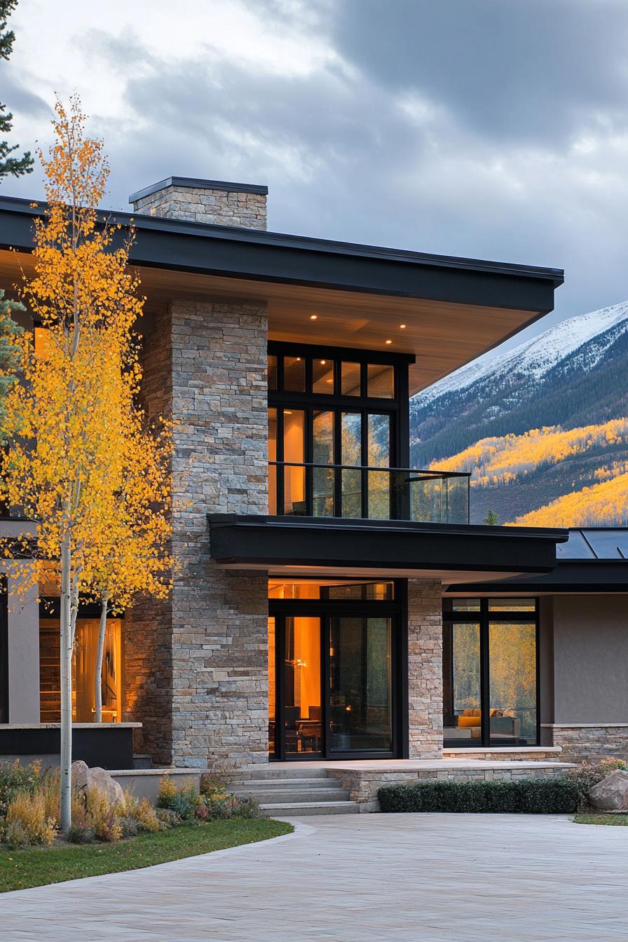 Modern mountain home with stone and glass design