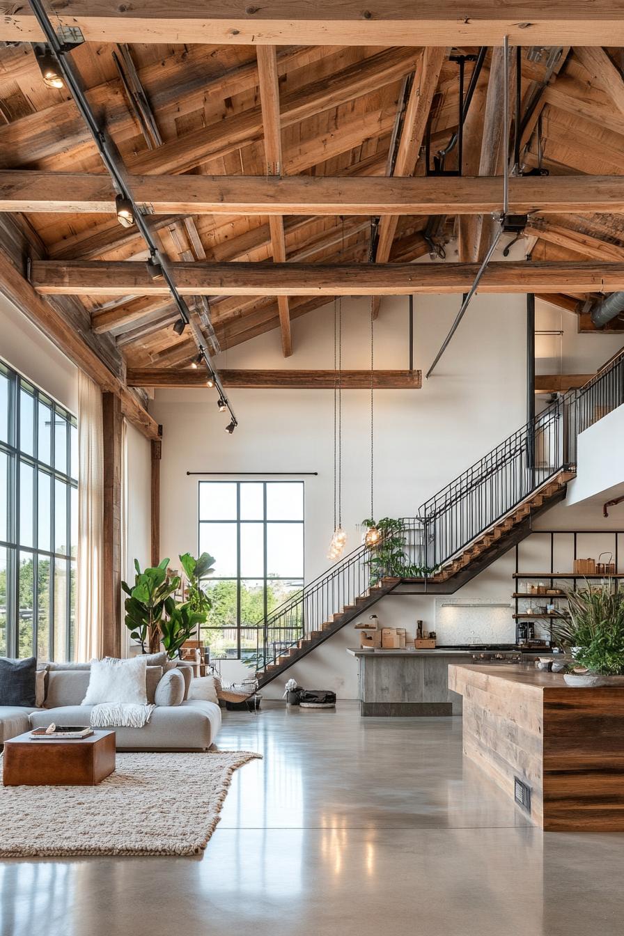 Open loft area with large windows and natural wood details