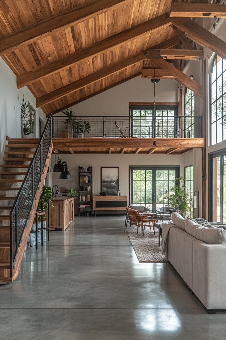 Open Loft with Wood Beams and Large Windows