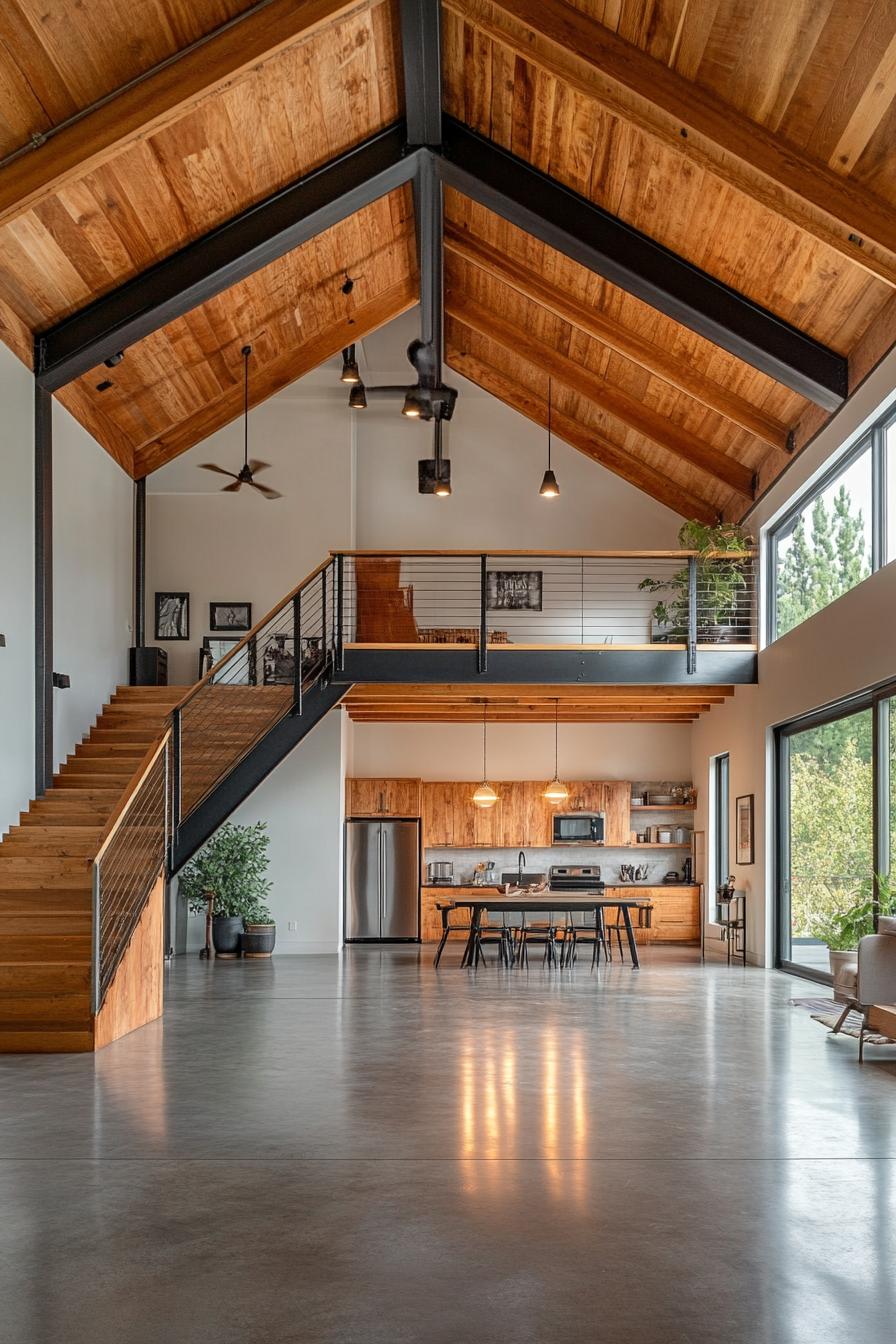 Open-concept loft with wooden beams and a sleek kitchen