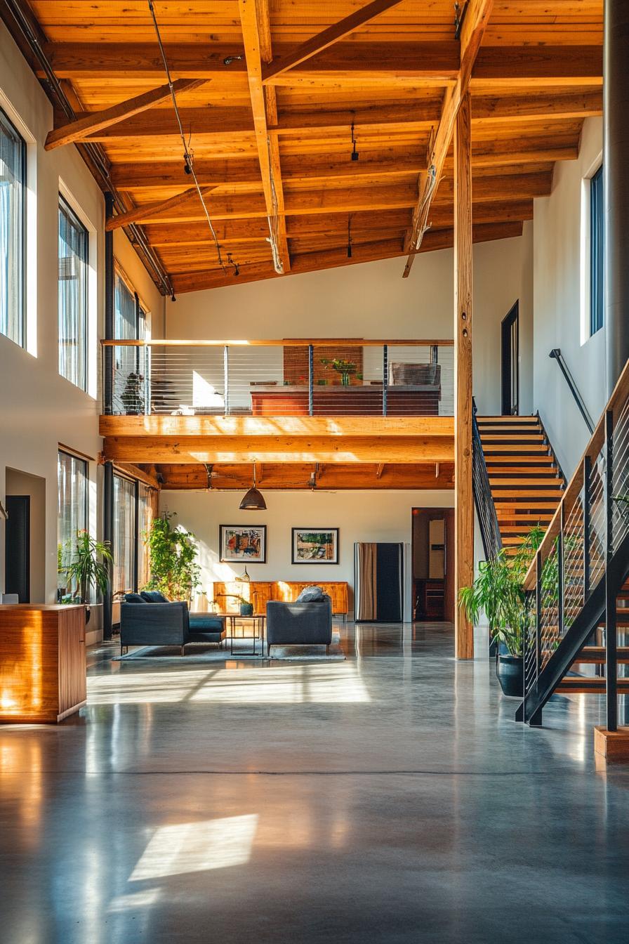 Open and airy barndominium loft with wooden beams and modern furnishings