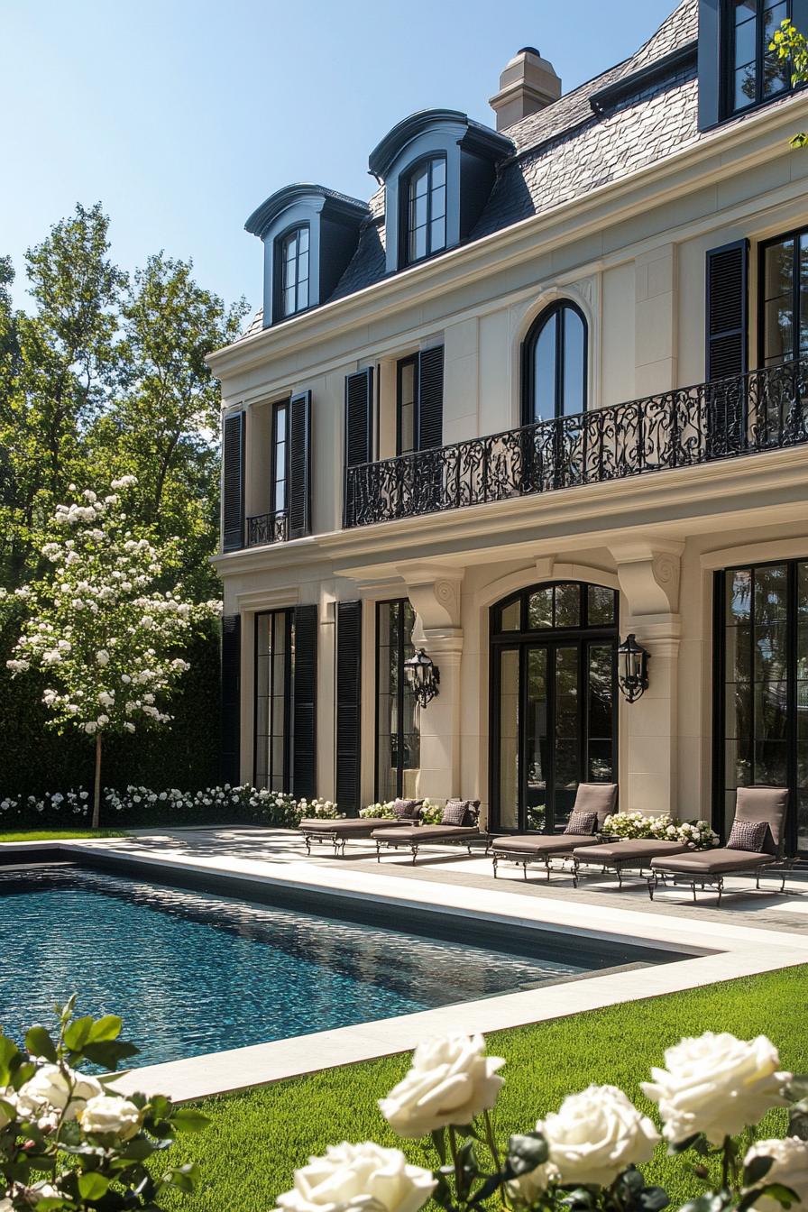 Luxurious chateau with poolside seating and lush gardens