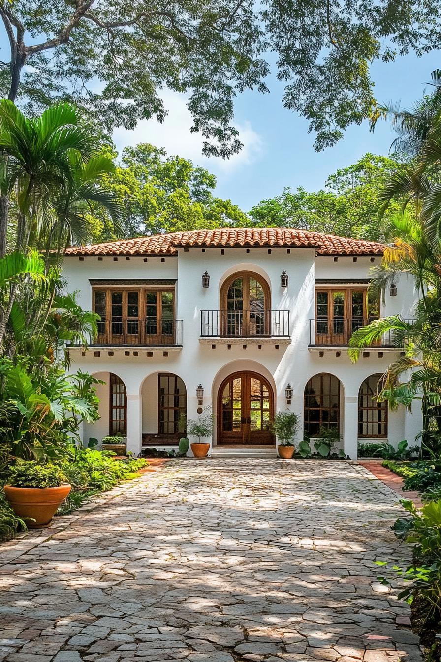 White stucco house with tile roof surrounded by greenery