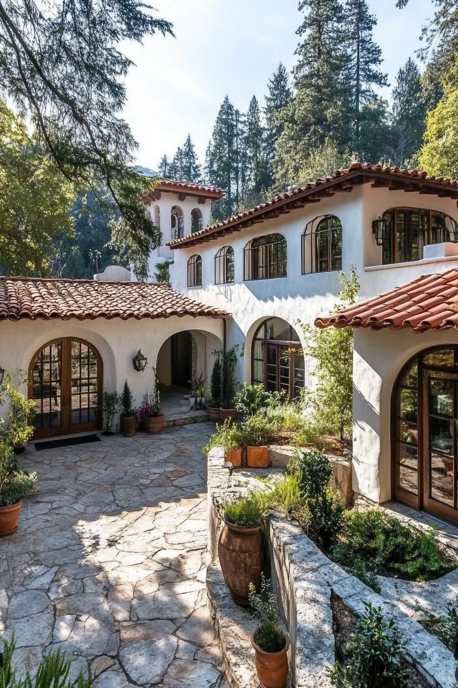 Rustic Mediterranean house with red-tiled roof surrounded by lush greenery