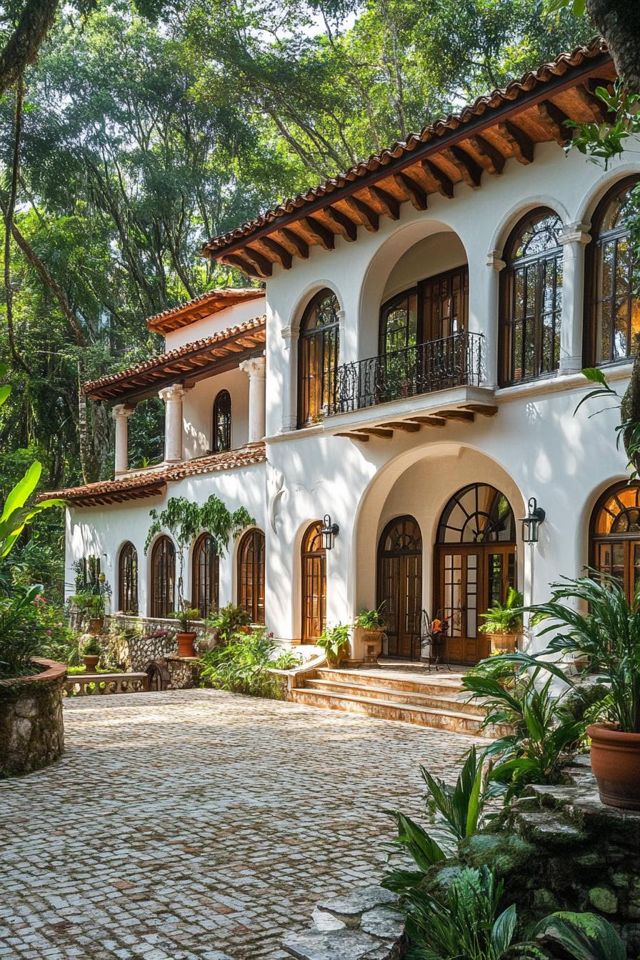 Elegant white house with large arched windows surrounded by lush greenery