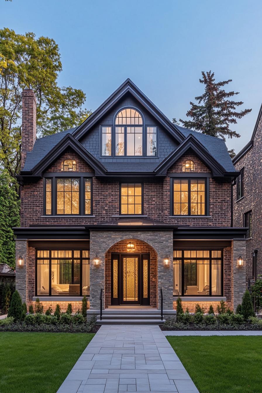 Charming brick suburban home with illuminated windows