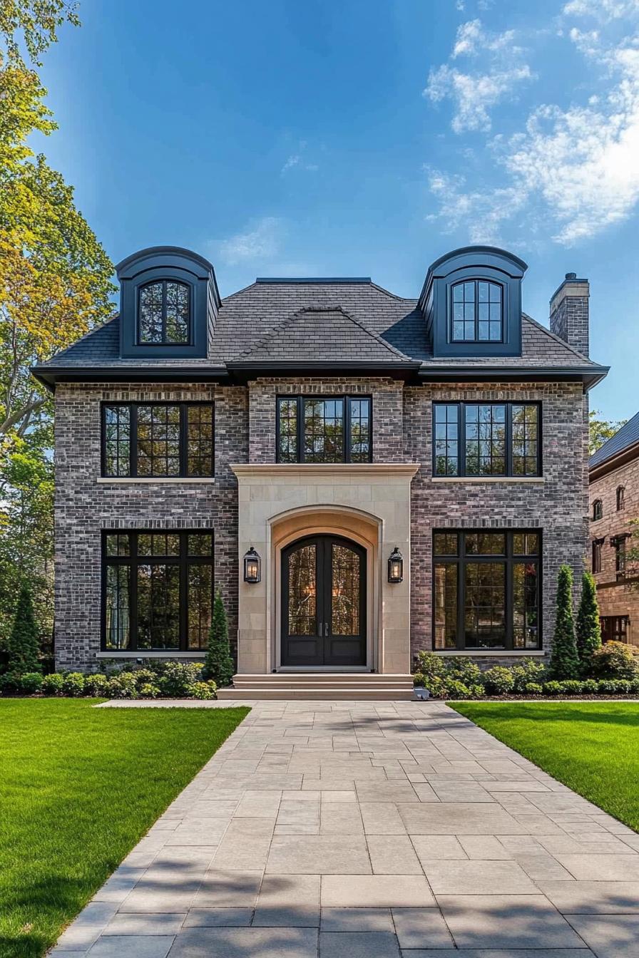 Elegant stone-front house with manicured lawn