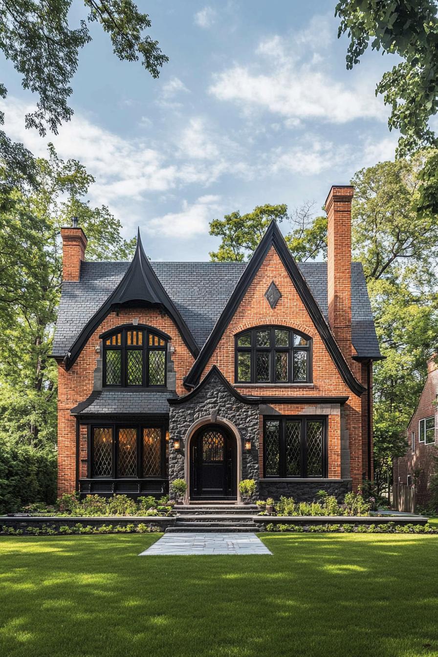 Charming brick house with tall gables and lush lawn