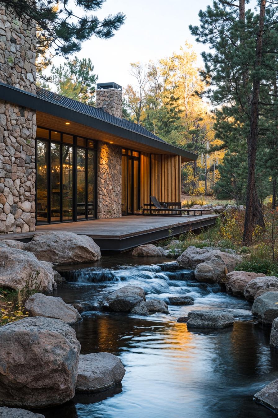 Modern cabin nestled by a flowing creek