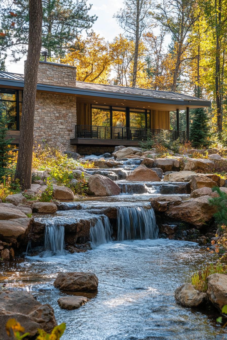 Elegant mountain home with a cascading stream