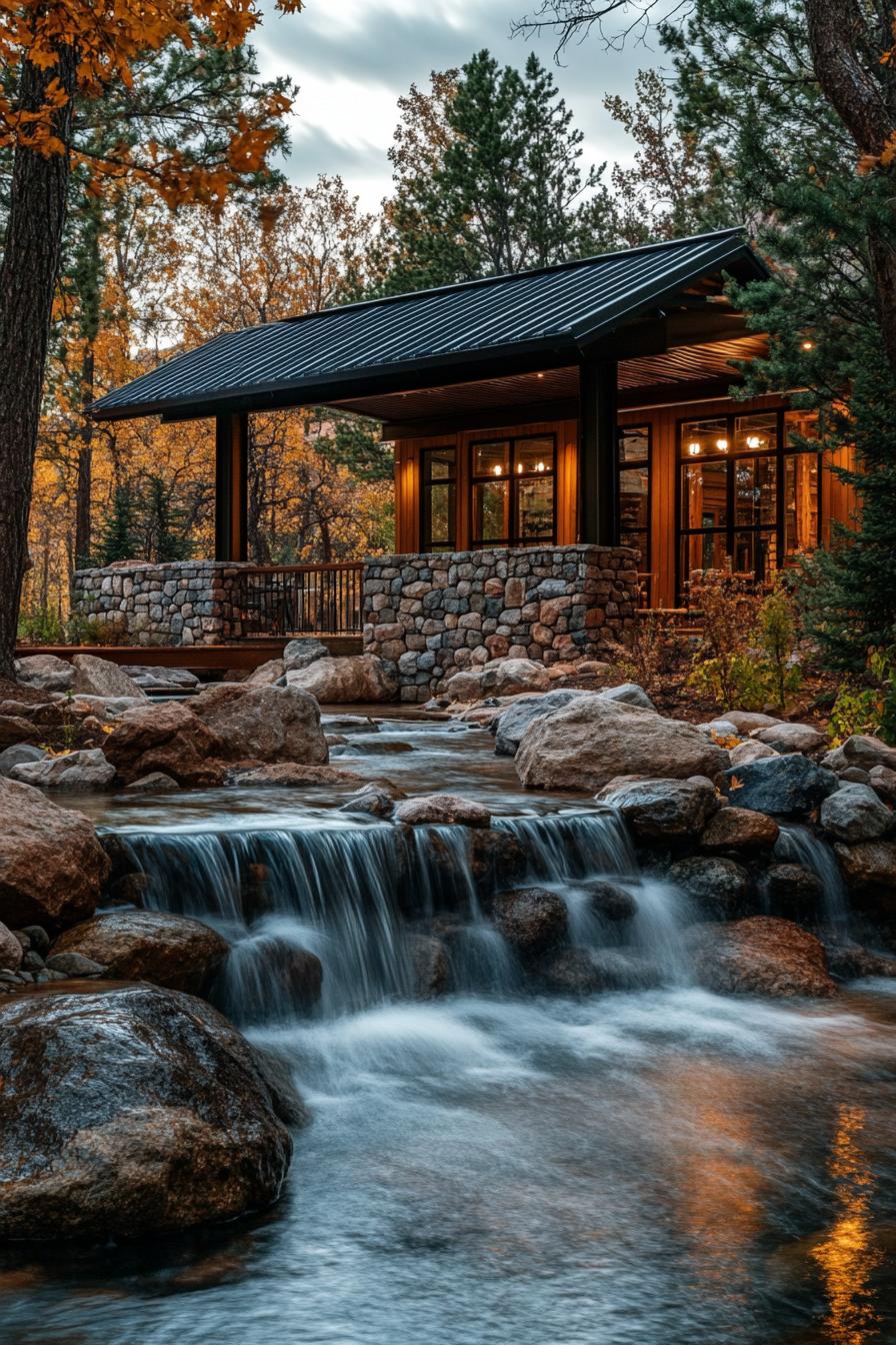 Charming cabin with a stone facade near a bubbling creek