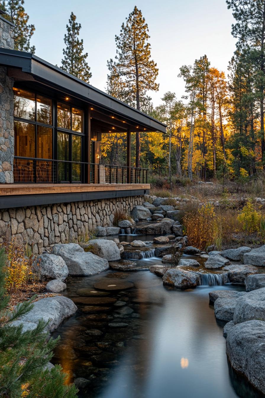 Modern house with large windows overlooking a rock-lined stream