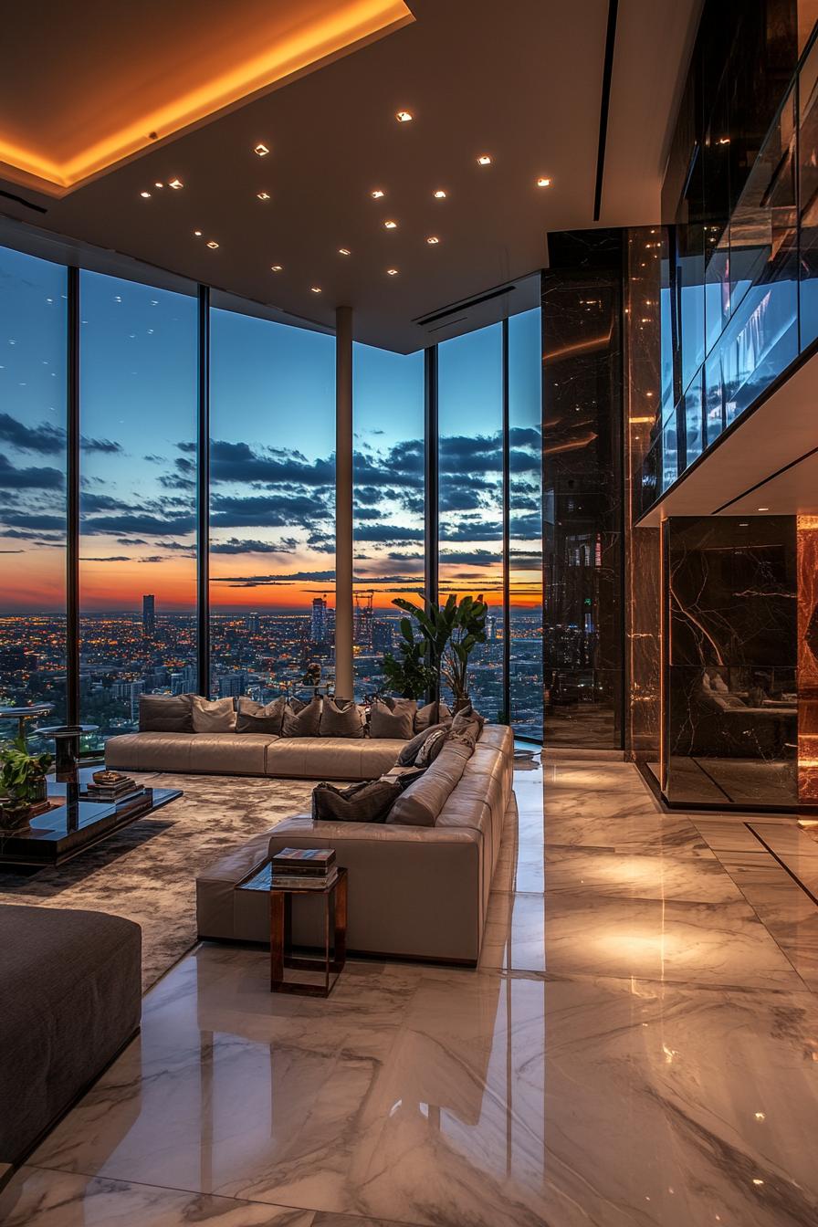 Luxurious penthouse living room with city views at sunset