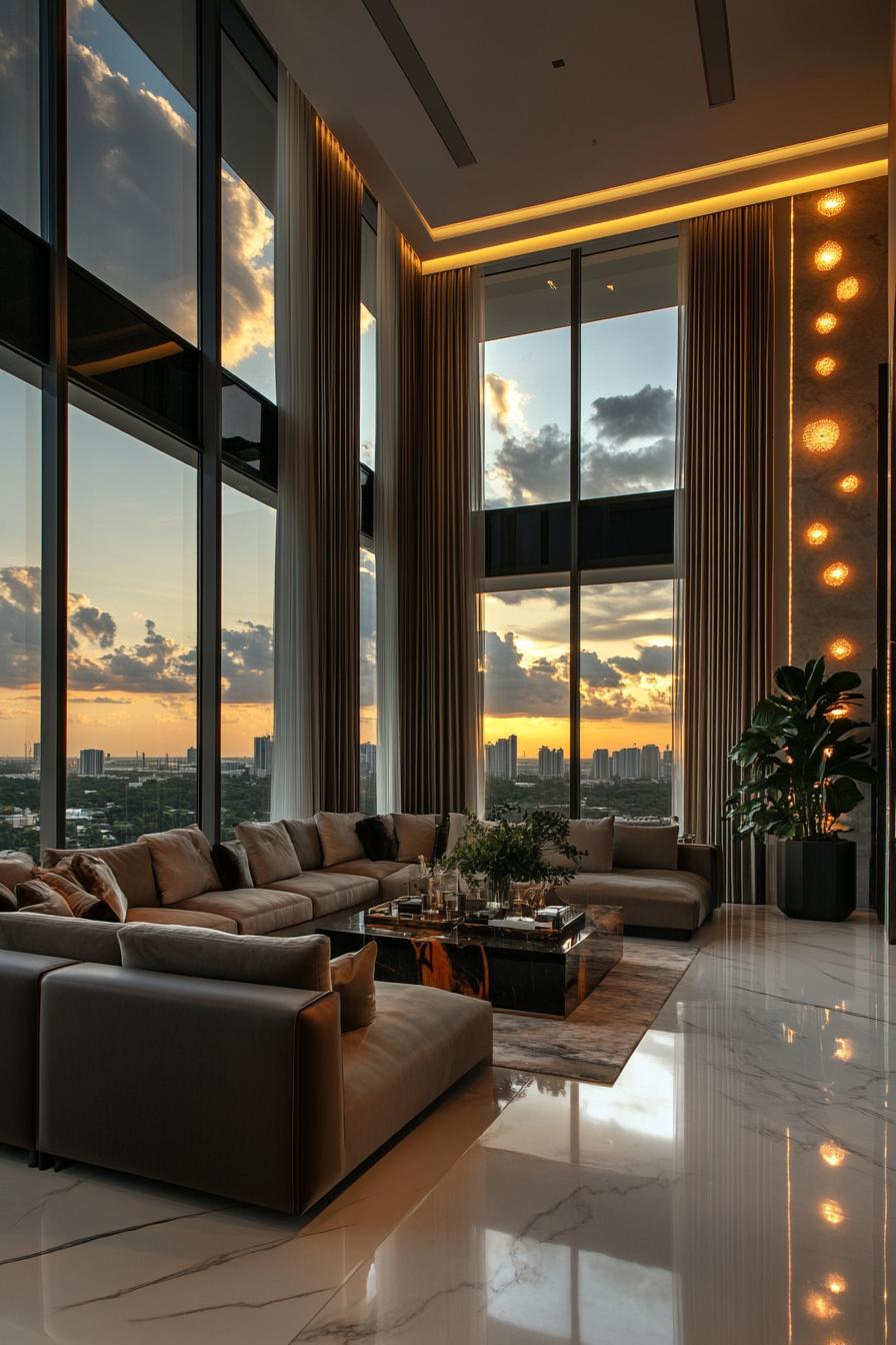 Luxurious living room with panoramic city views and elegant decor