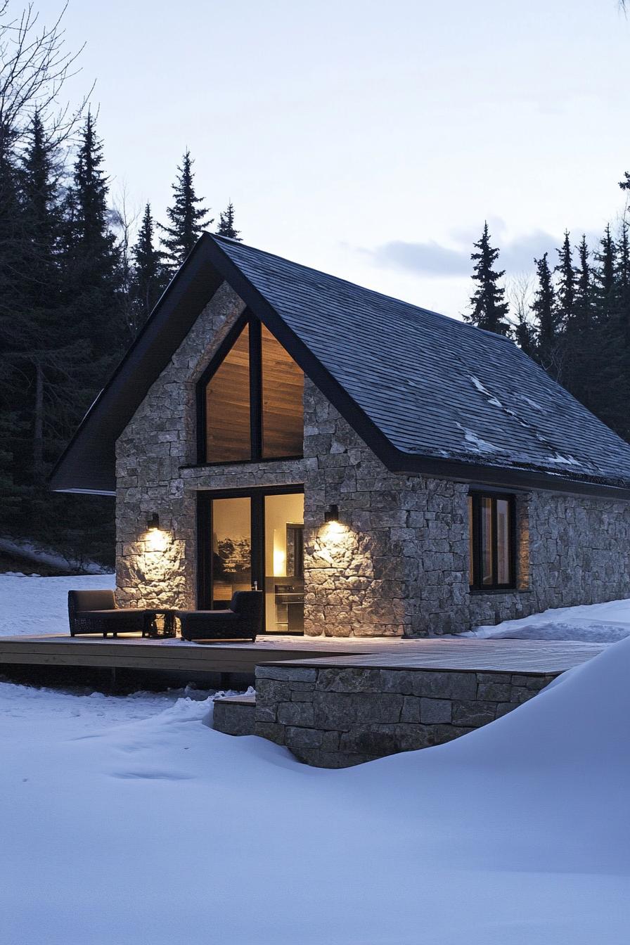 Cozy stone cabin with glowing windows in a snowy forest setting