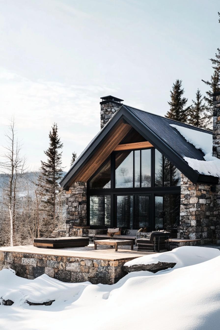 A-frame cabin with stone walls and snowy landscape