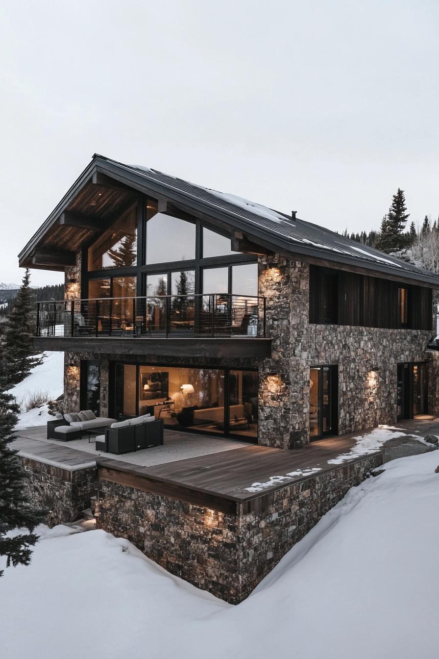 Modern stone cabin surrounded by snow