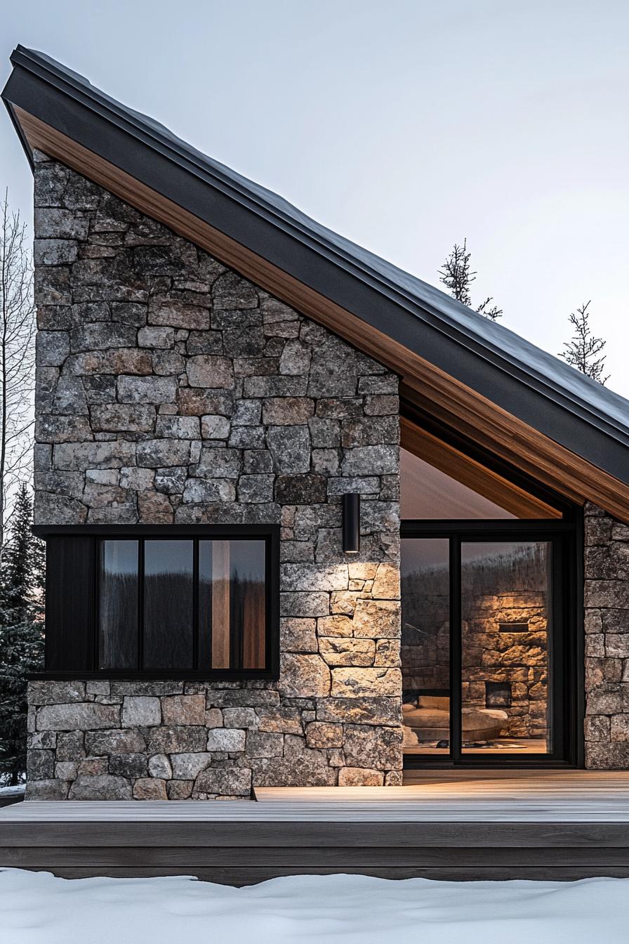 Cozy stone cabin with triangular roof amid snow