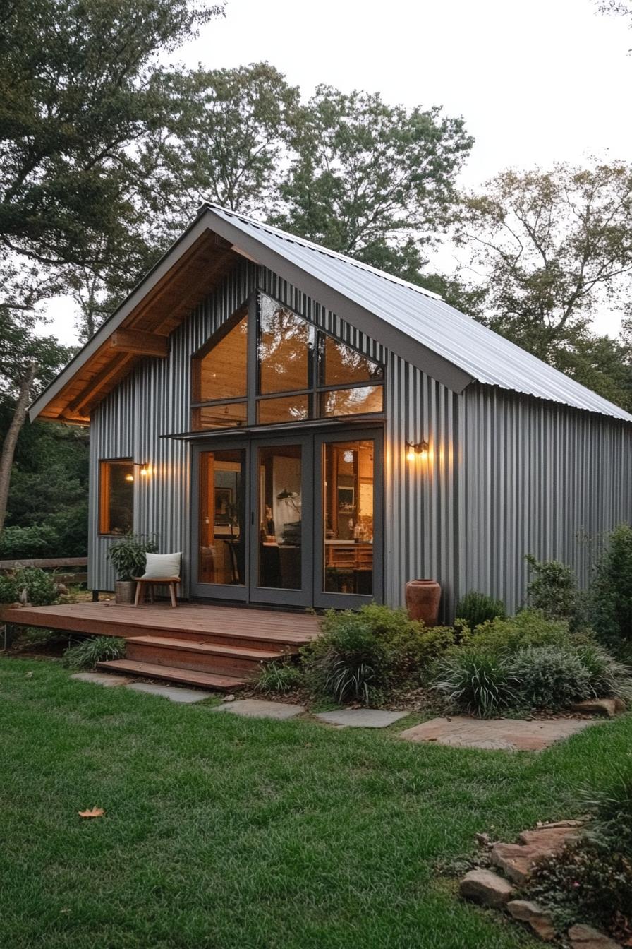 Small metal house surrounded by trees and greenery