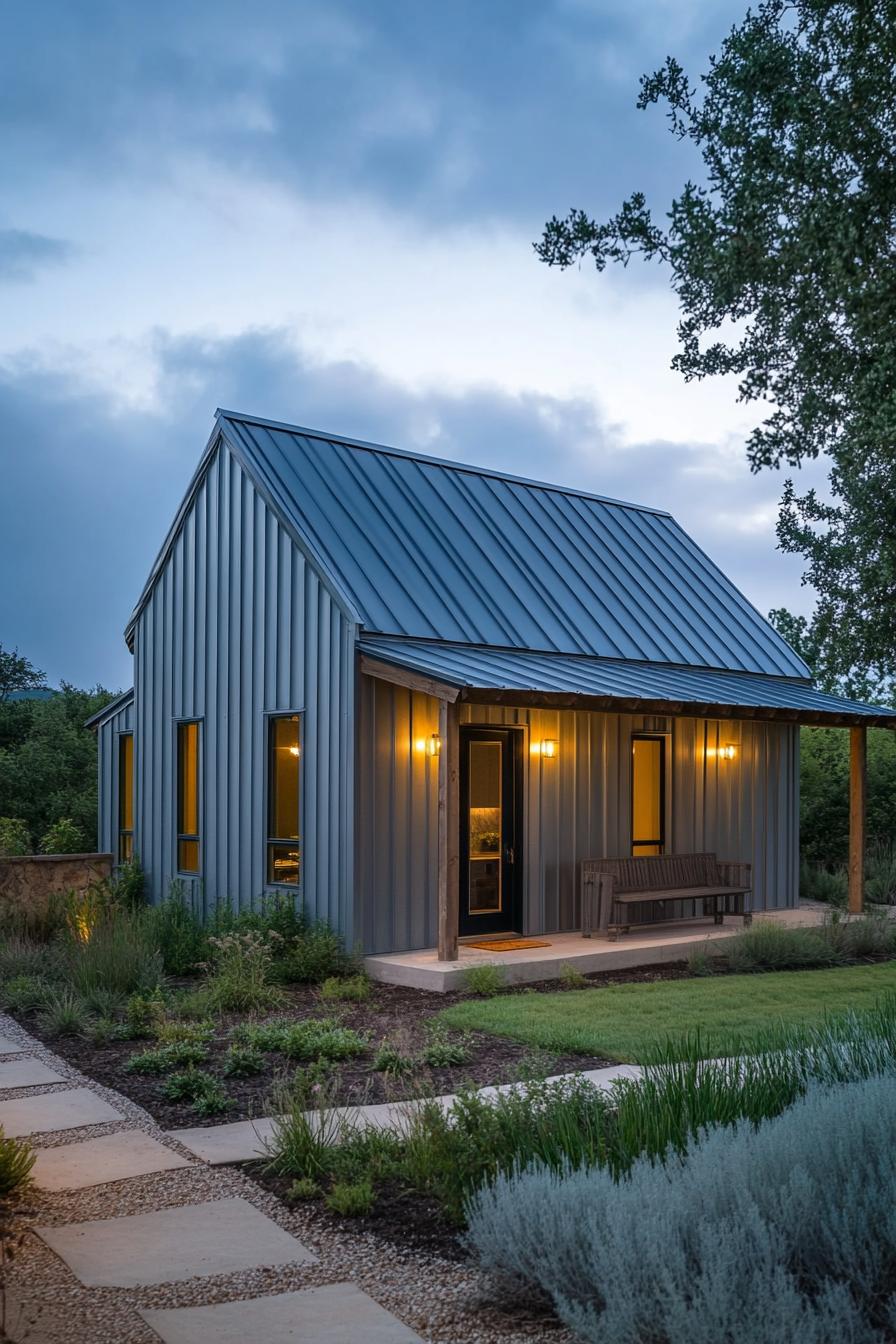 Small cozy metal home with a modern design, surrounded by greenery