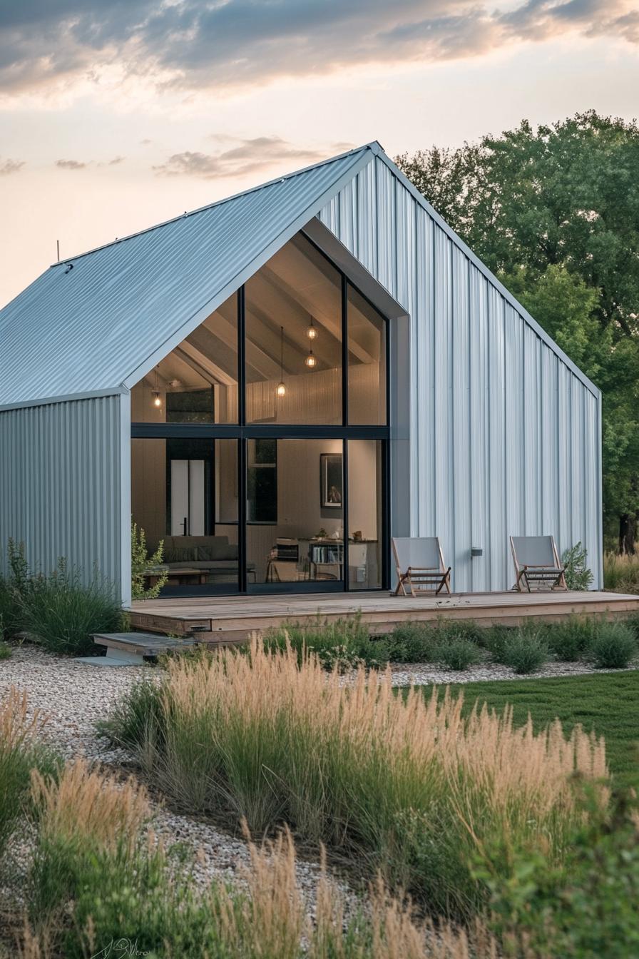 Compact metal home with large glass facade and garden