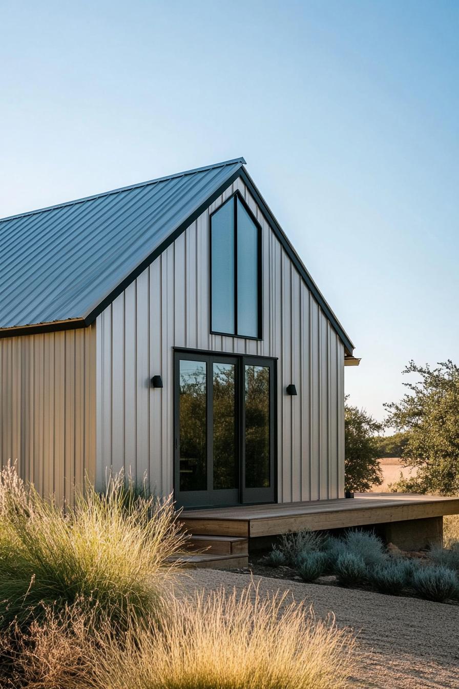 Small metal building home with large windows and a peaked roof