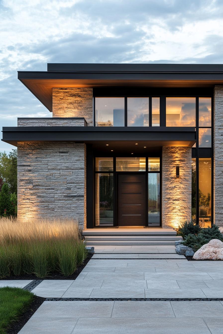 Modern house with warm lighting and stone exterior under a cloudy sky