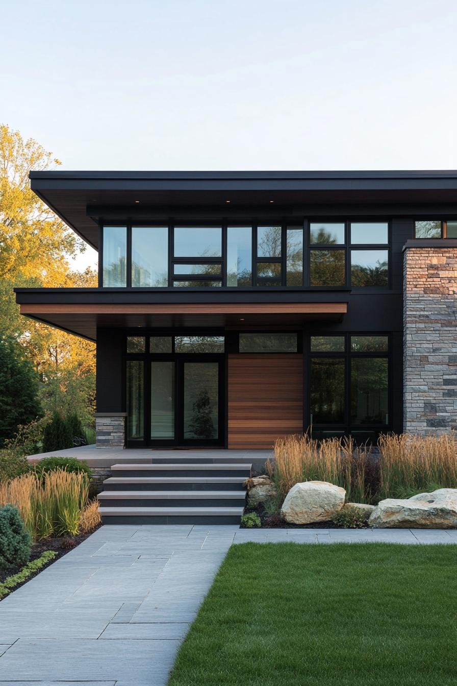 Sleek, modern house with large windows and stone accents