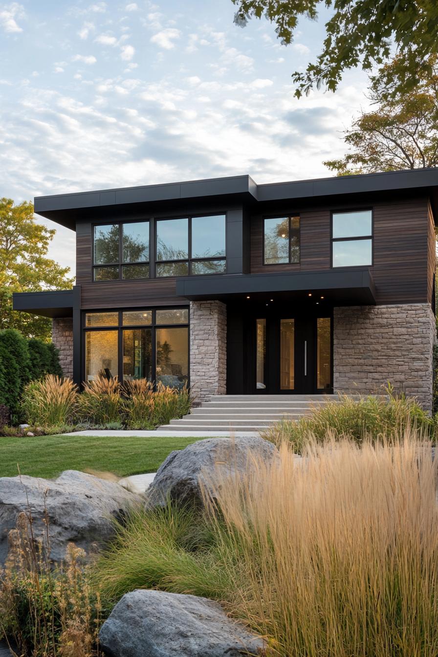 Modern house with stone and wood exterior, surrounded by greenery