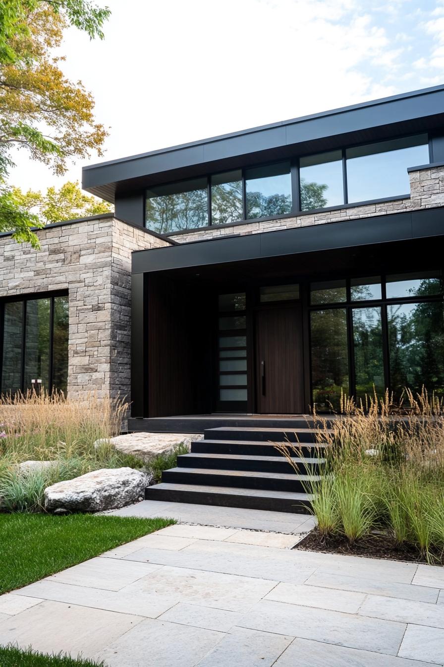 Modern house with stone exterior and large windows