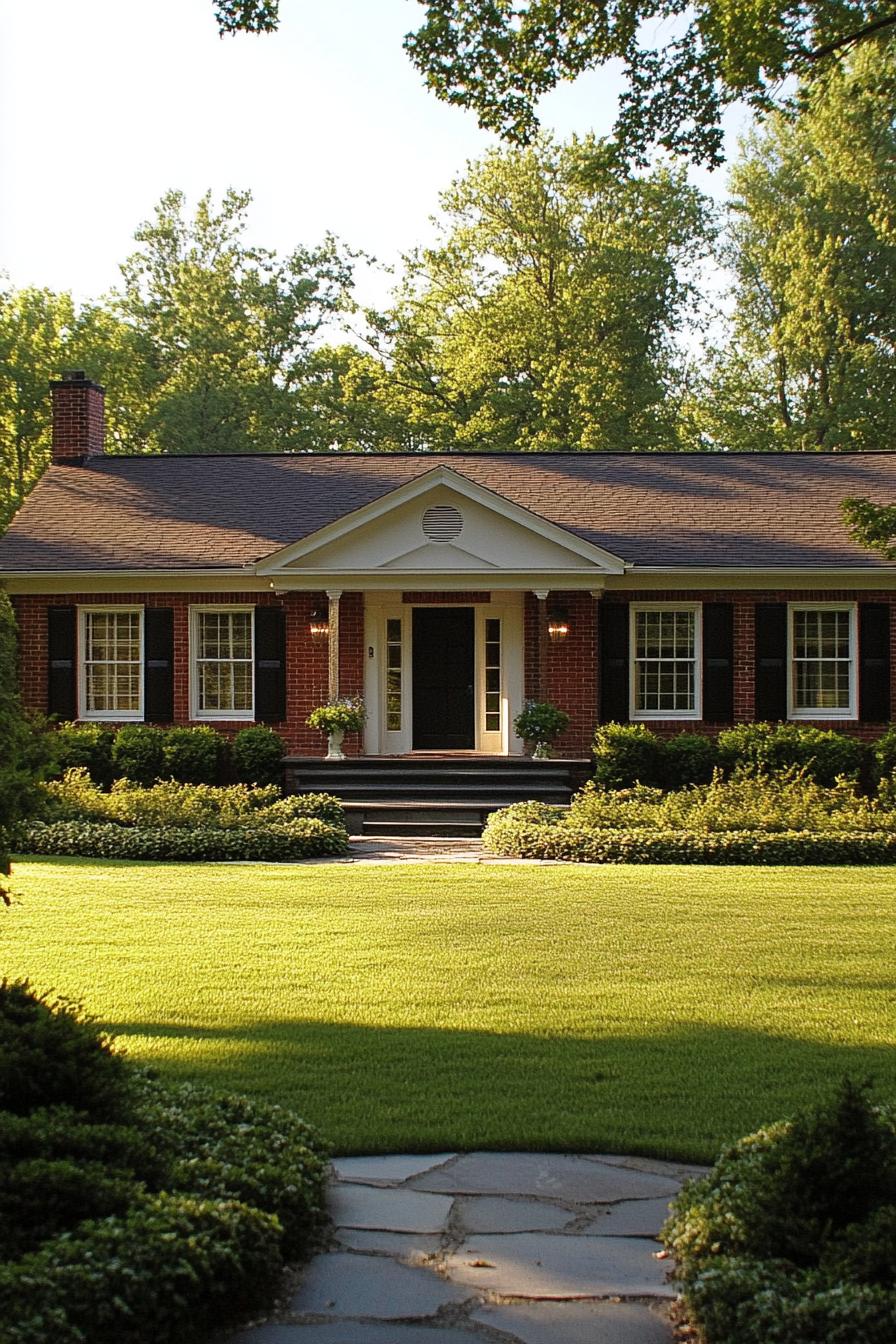 Brick ranch house with lush lawn and tall trees