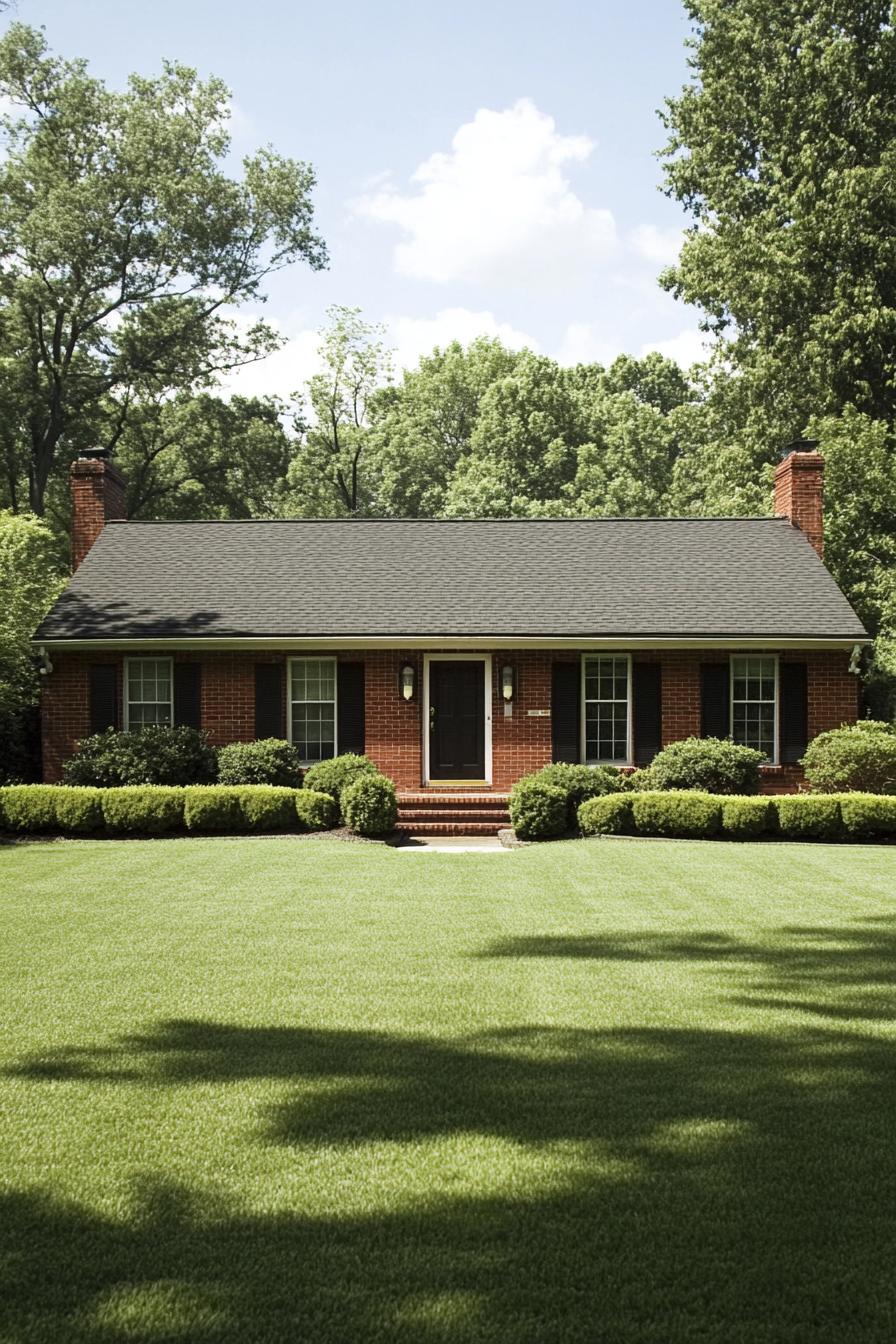 Charming brick house with manicured shrubs and lush lawn