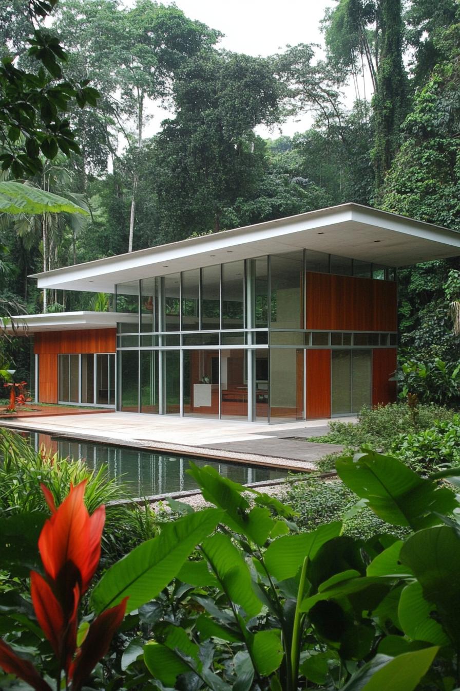 Modern villa with large glass windows in a lush tropical setting