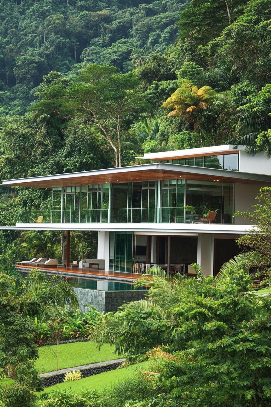 Tropical villa with glass walls surrounded by lush greenery