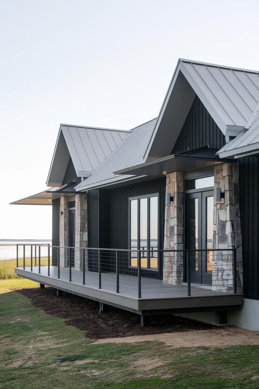 Black-sided house with gabled roofs and stone accents