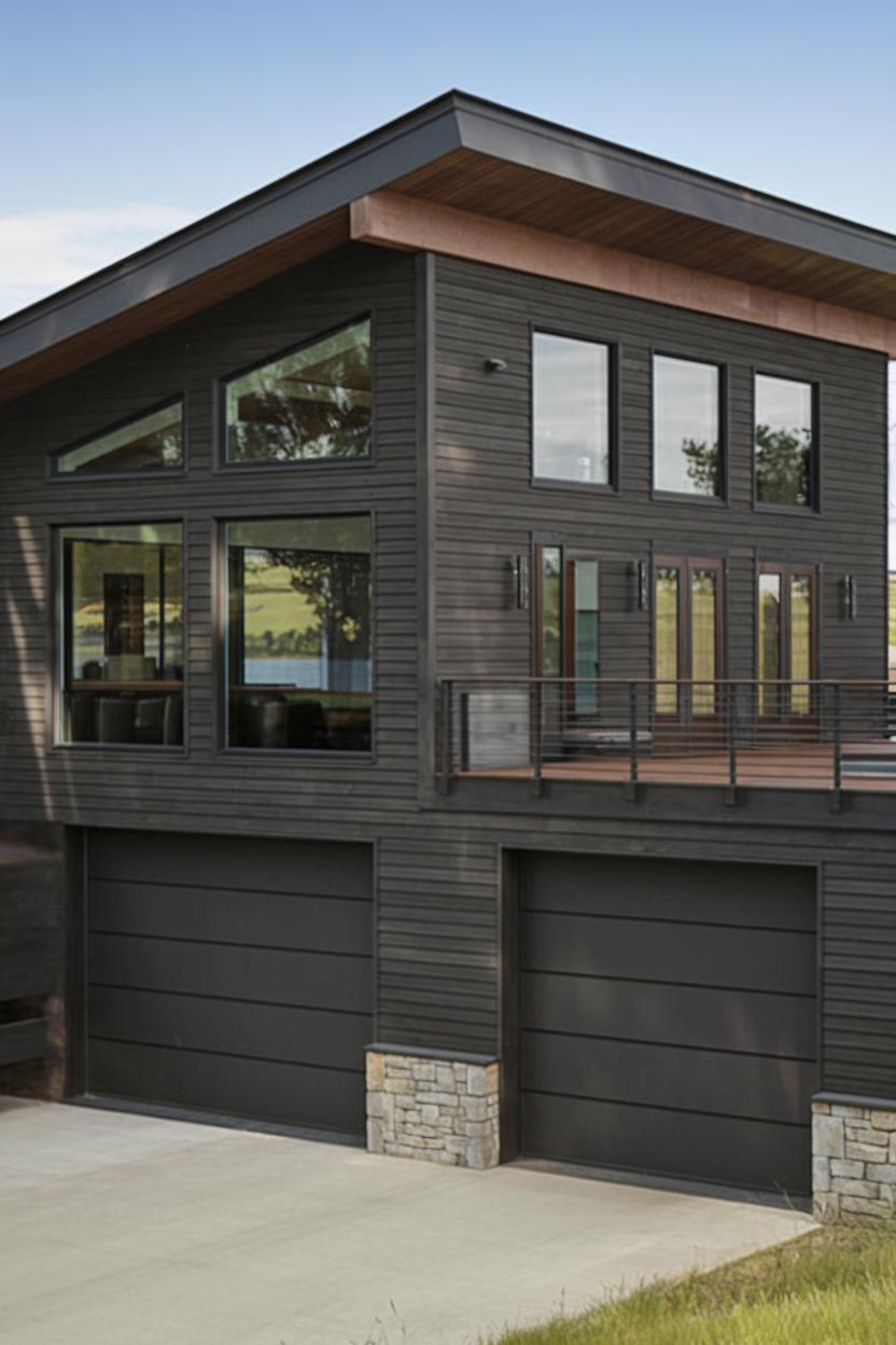 Sleek black modern house with large windows and dual garages