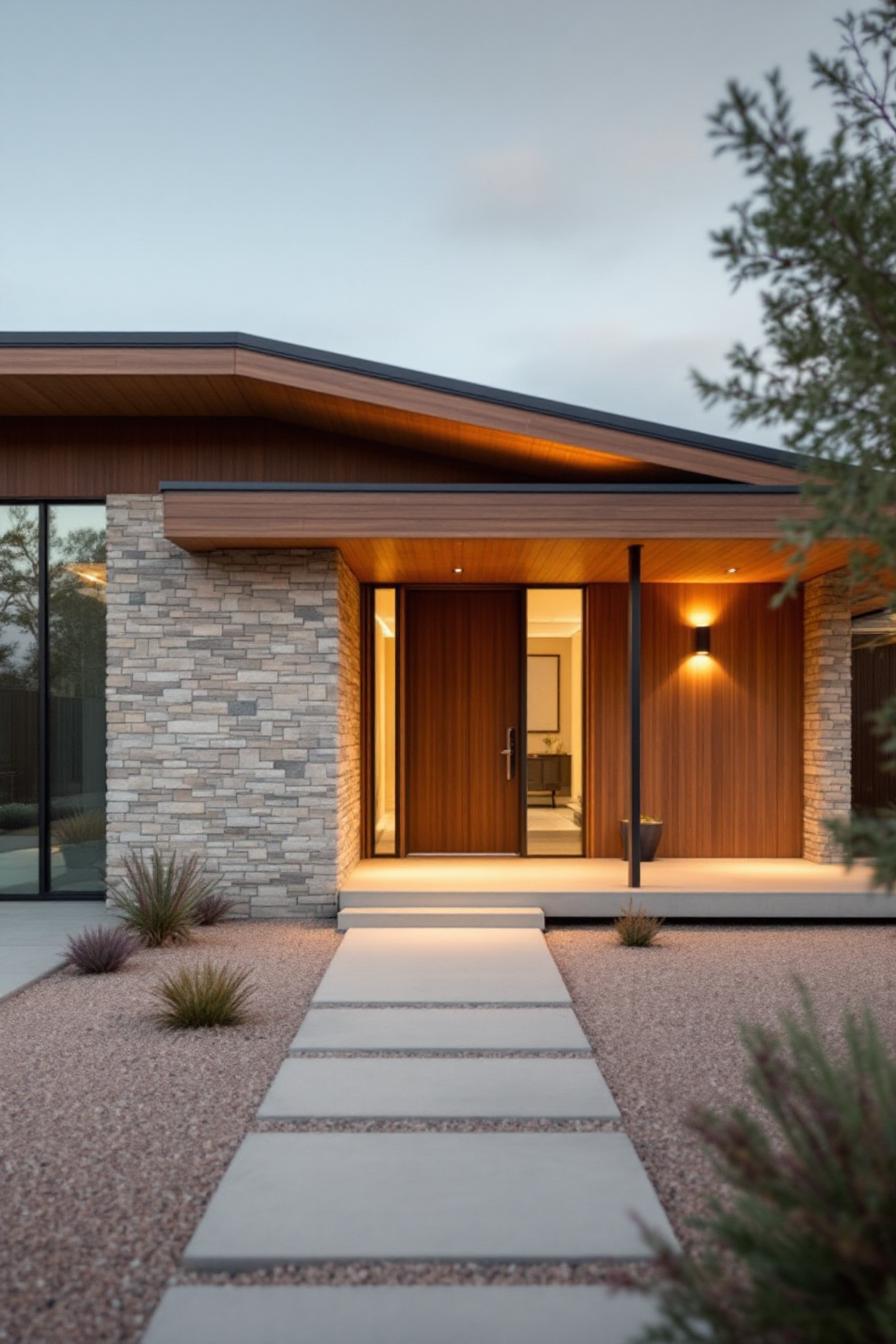 Front entrance of a mid-century ranch house with stone and wood accents