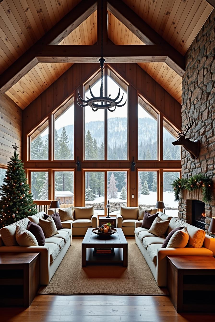 Warm cabin interior with a roaring fireplace and snowy view