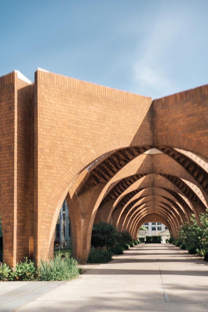 A series of majestic brick arches creating a covered walkway