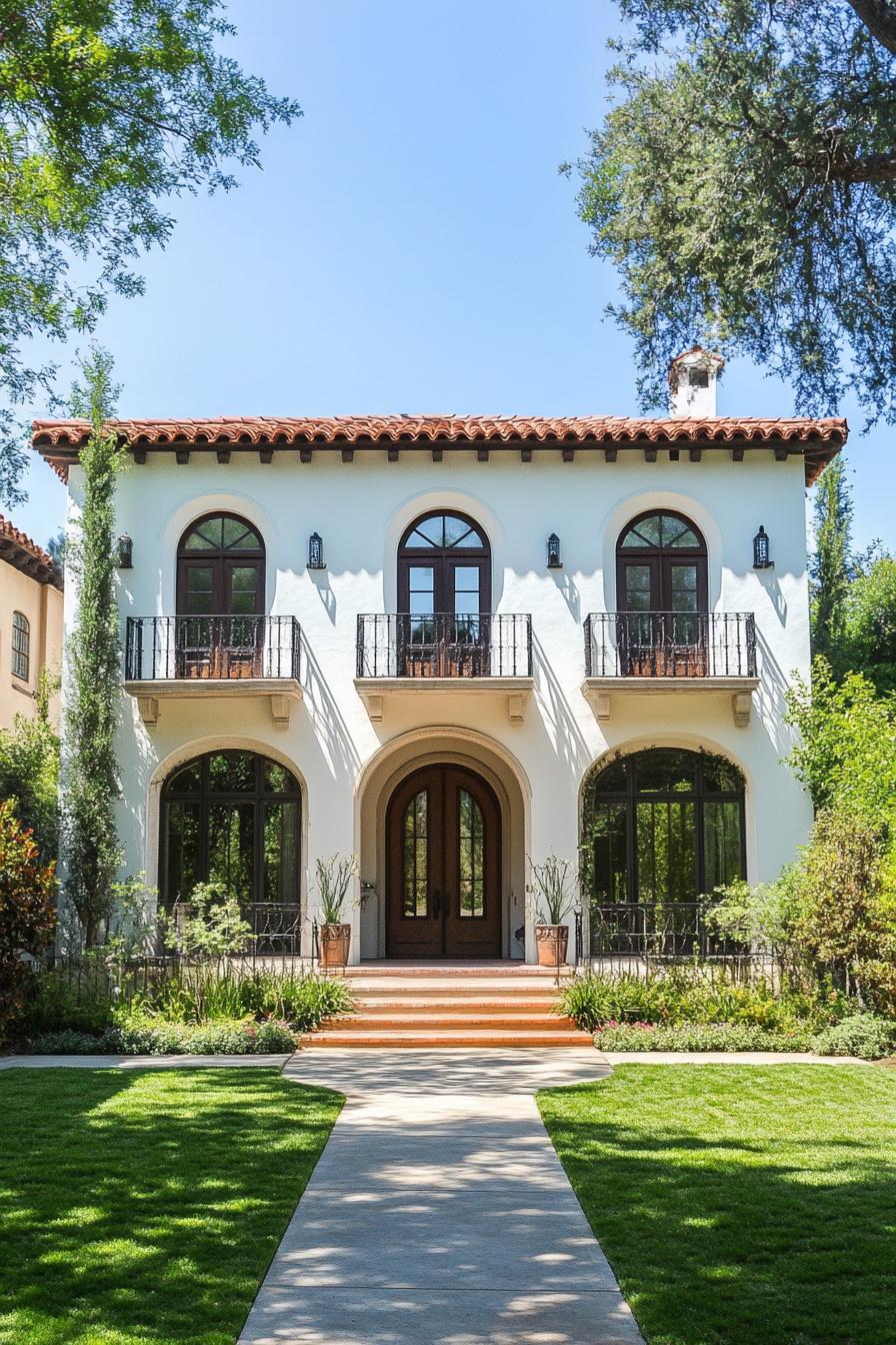 Two-story white villa with red clay roof and arched windows