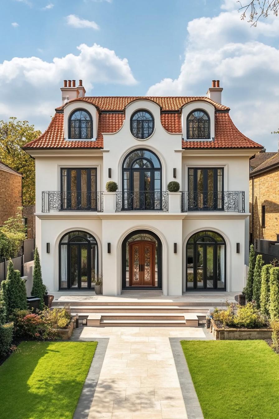 Elegant white mansion with red roof and lush garden path