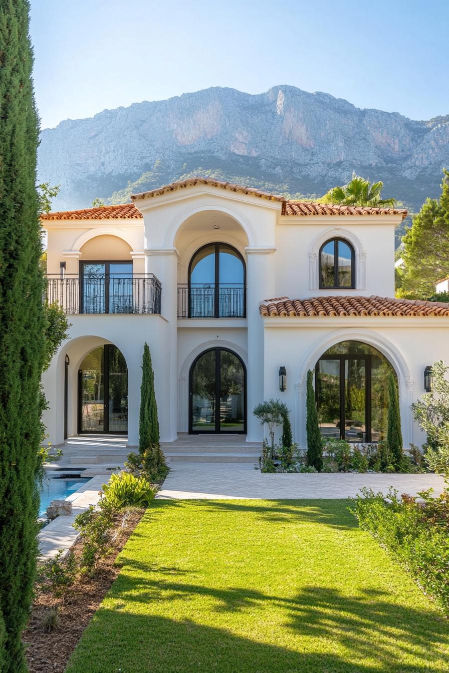 Two-story villa with arched windows and lush garden