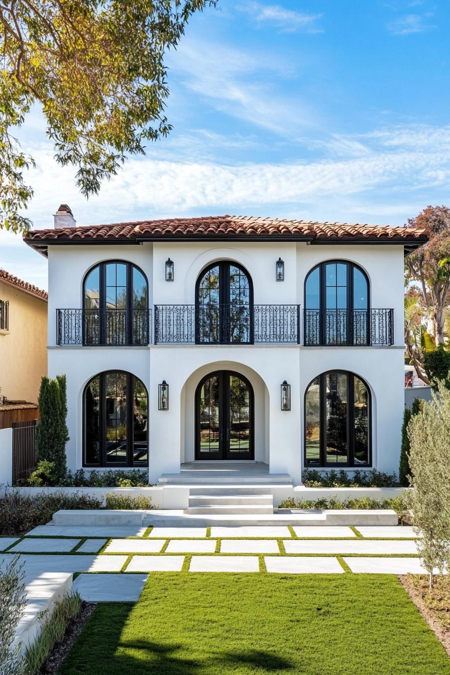 Two-story house with arched windows and red-tiled roof