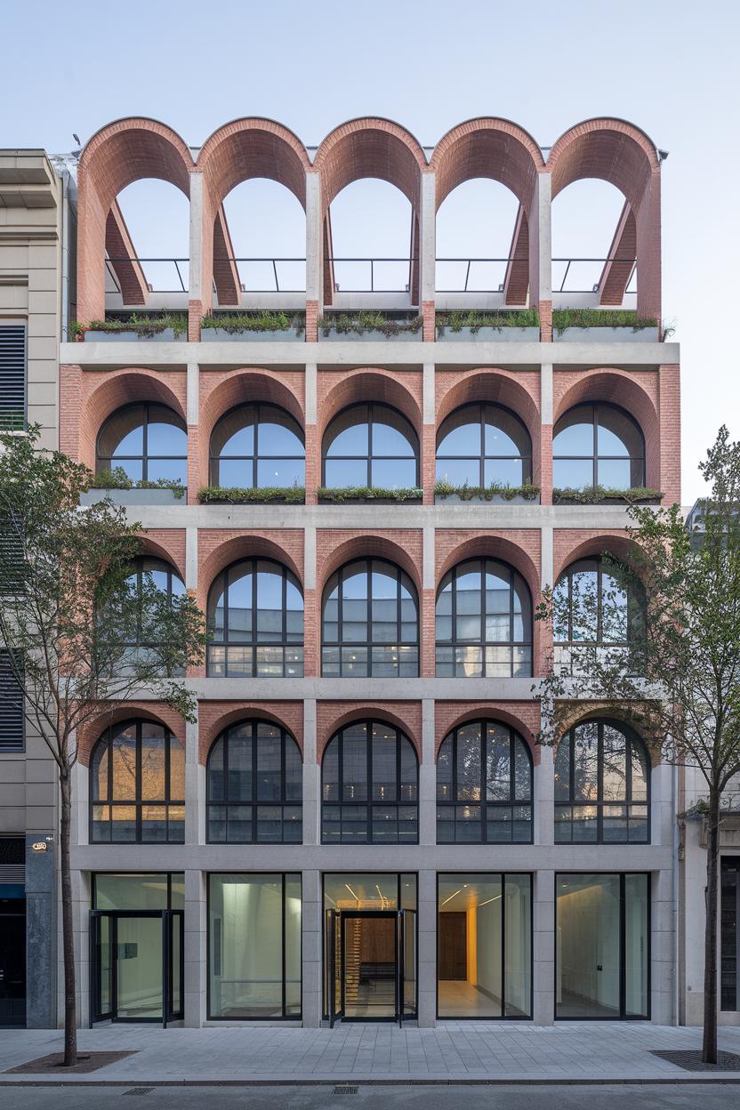 Building facade with multiple rows of brick arches and large windows